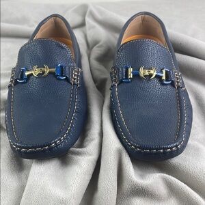 Phat Farm Blue and Gold Slip-On Loafers with Horse-Bit Detail